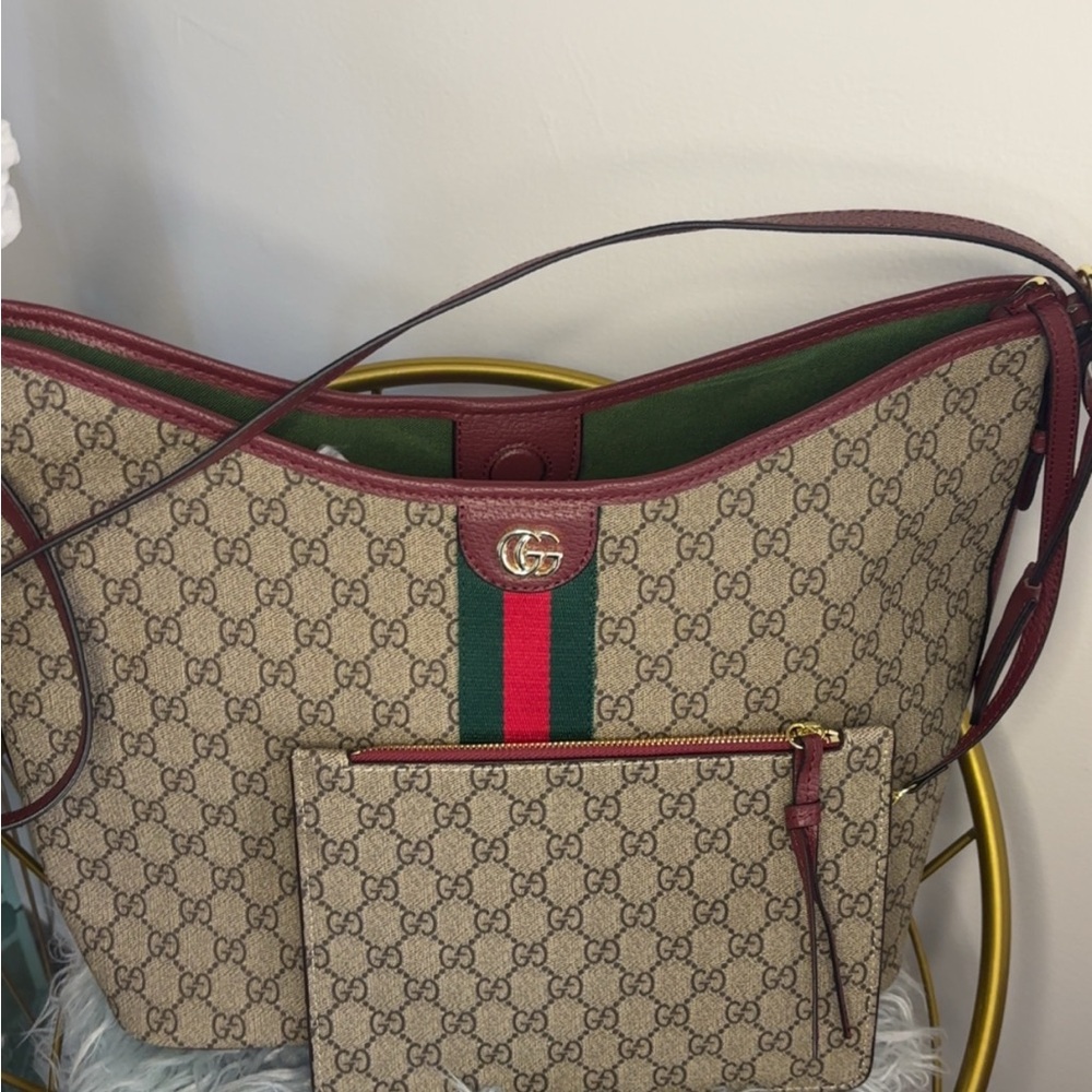 Source Unknown Beige Monogram Tote with Red & Gre… - image 1